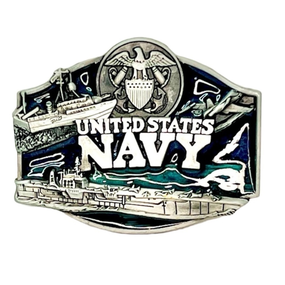 Vintage United States Navy Armed Forces Belt Buckle Metal Alloy Pewter Enamel